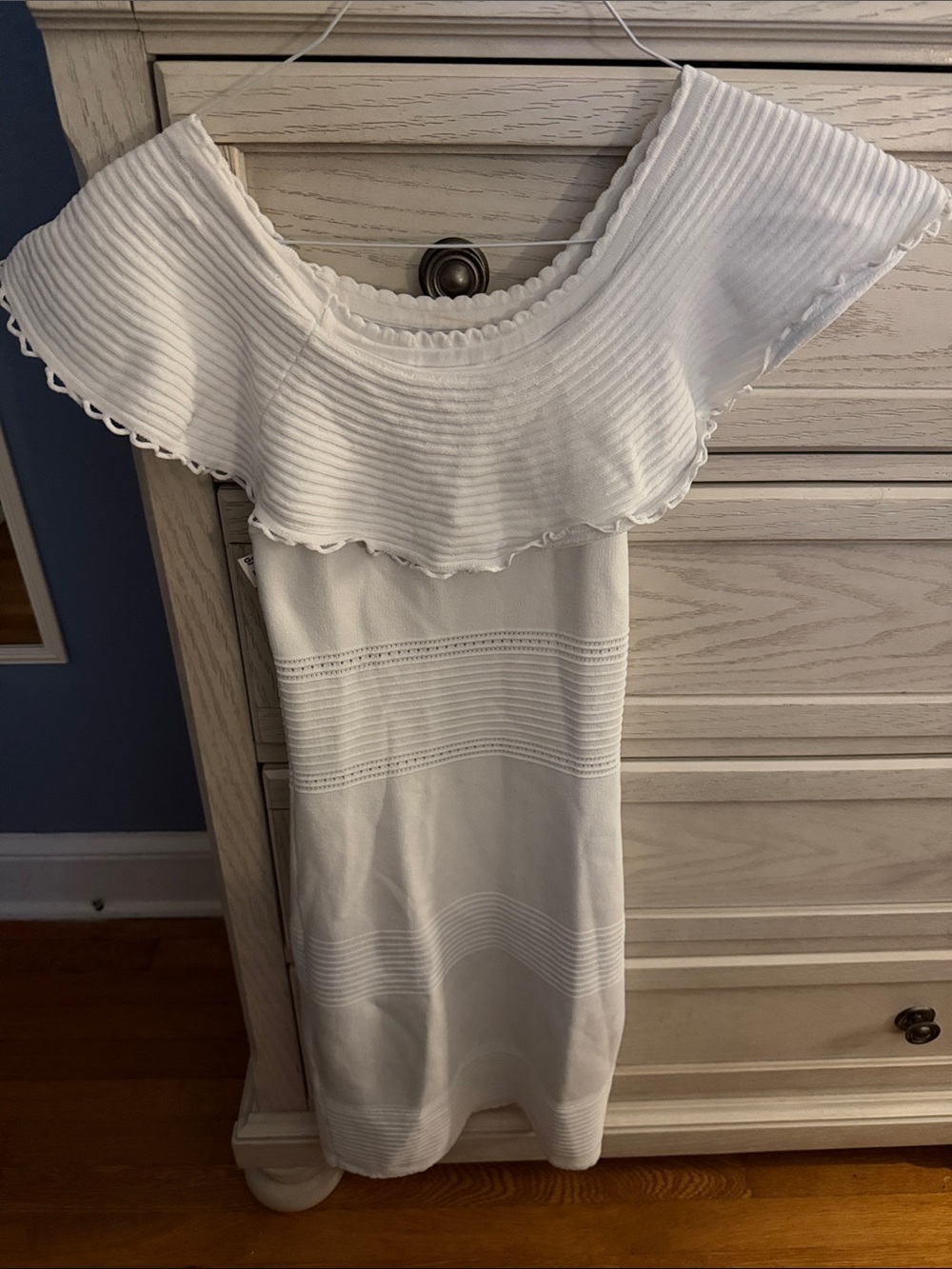 Bebe Off-Shoulder White Ribbed Knit Dress